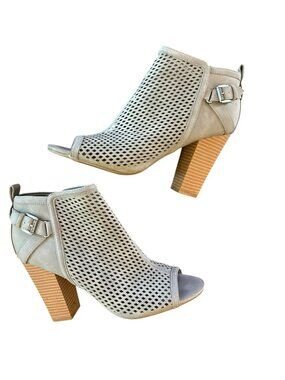 G By Guess Jerzy Gray Perforated Peep Toe Booties Block Heel Size 8M